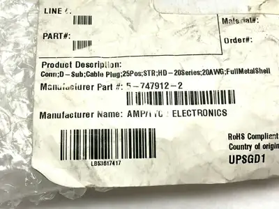 5-747912-4 | TE Connectivity  25 Position D-Sub Plug Male Pins Connector LOT OF 20 - New Other