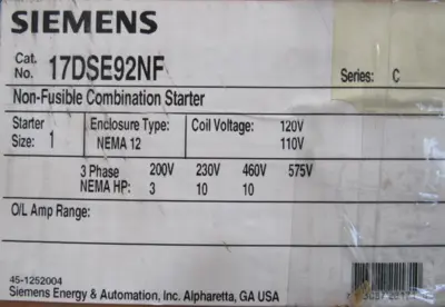 NEW SIEMENS 17DSE92NF COMBINATION STARTER 14DS+32A 49EC17BN241108R SIZE 1