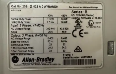 20BD022A0AYNAND0 POWERFLEX 700 SER. B 15HP REFURBISHED
