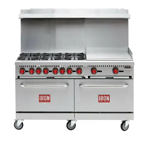 Iron Range Commercial Range, Natural Gas, 60"W, (6) 30,000 Btu Open Burners, 24" Griddle, 3