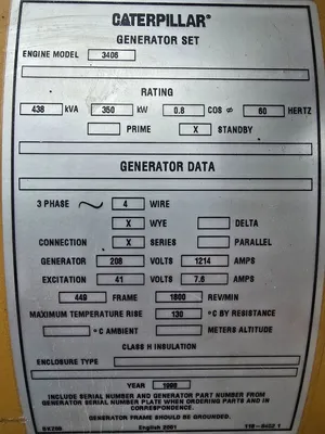 Caterpillar SR4B 350 KW Standby Rated Generator End 208V 1214Amps 1800RPM EMCPII