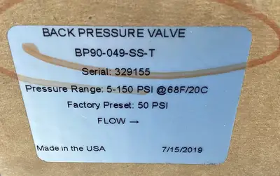 Sentinel BP90-049-SS-T Back Pressure Valve 5-150PSI @ 68F/20C 6B-11