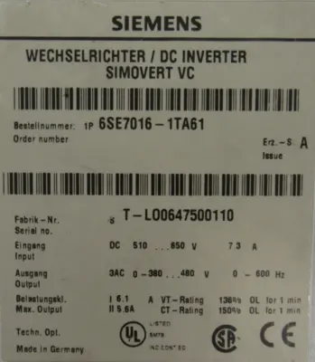 USED SIEMENS 6SE7016-1TA61 DC INVERTER 6SE70161TA61 (SEE DESCRIPTION)