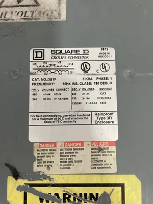Square D 3S1F 3KVA Transformer 60Hz 1PH 480/240V 240/120V