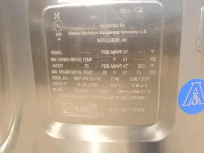 Tank, 75 Gallon, 316L Stainless Steel, Jacketed, Walker, DT/CB #S743306