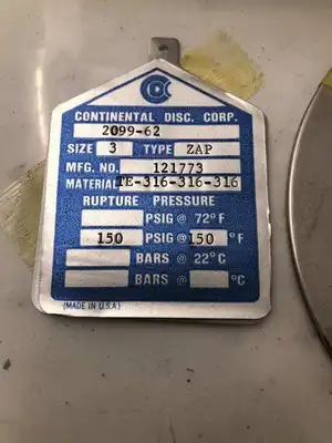 Continental Disc Corp. 121773 3″ 316SS/TEF Rupture Disc 150PSIG 150°F -NIB