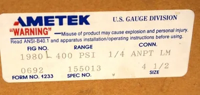 NEW AMETEK 1980L 4 1/2" PRESSURE GAUGE 400 PSI RANGE 50-400