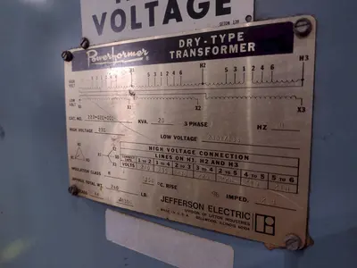 20 KVA POWERFORMER 230 --> 230Y/133 VOLT ELECTRICAL TRANSFORMER: STOCK #23719