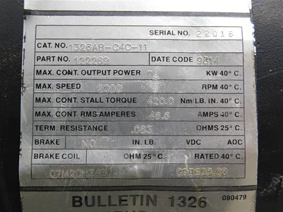 Allen Bradley 1326AB-C4C-11 AC Servo Motor 7kW 2000 RPM 420 Nm/LB.IN. Used