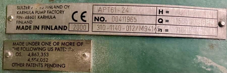 Used Ahlstrom/Sulzer APT61-24 Pumps Minnesota US | Peak Machinery, Inc. #286117