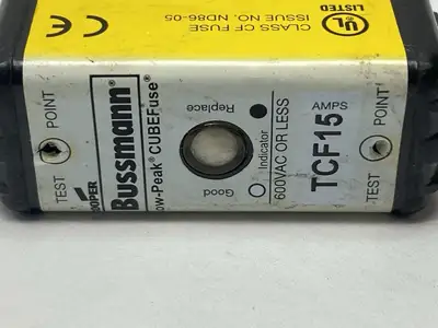 USED COOPER BUSSMANN LOW-PEAK CUBEFUSE TIME DELAY FUSE 15A 600VAC