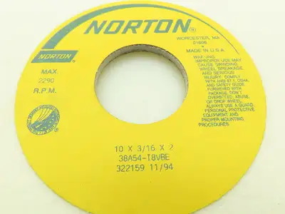 Norton 10 X 3/16 X 2 38A54-I8VBE Grinding Wheel 2290 RPM Max 322159 11/94 2" ID
