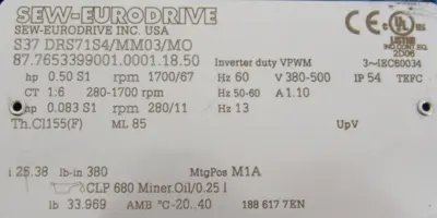 USED SEW EURODRIVE S37 DRS1S4/MM03/MO GEARMOTOR 25.38 S37DRS1S4MM03MO