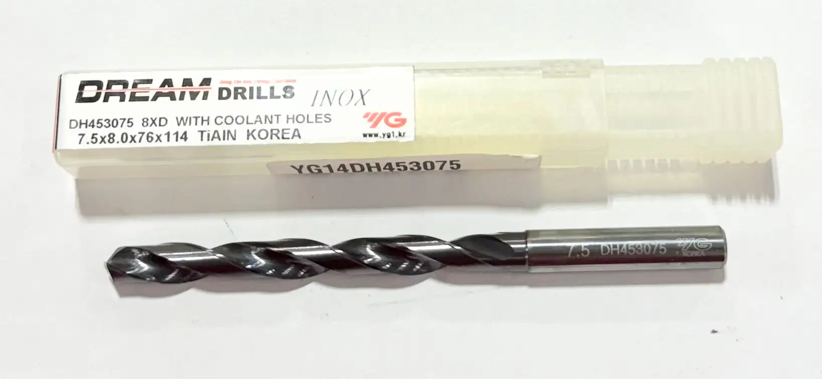 YG 7.5mm Solid Carbide Drill 8xD Coolant Thru TiAlN Coated 140° 2 Flute