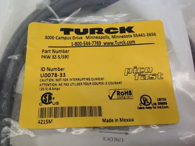 PKW 3Z-5/S90 | Turck  PicoFast 3 Pin Molded Cordset U0078-33 - New