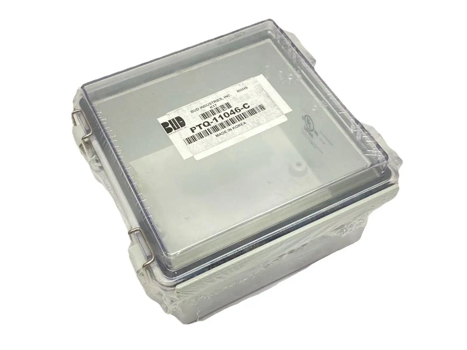 NEW BUD INDUSTRIES FIBERGLASS BOX CLEAR HINGED 4.59" X 4.59" X 3.11"
