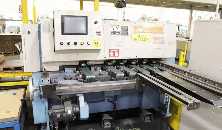 Aizawa #ARS-312, Auto Shear Cutting & Piling Line, 1/8" x 49" shear, 52.6 FPM, 150 SPM, cnc Back Gauge, magnetic feeder, roller & lifter, conveyors