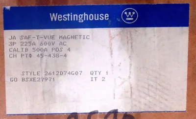 NEW WESTINGHOUSE 2612D74G07 CIRCUIT BREAKER 225A 3 POLES