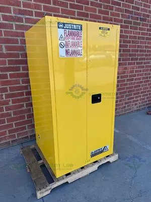 USED JUSTRITE 90 GALLON FLAMMABLE LIQUID STORAGE CABINET W/ SOFT CLOSE DOORS KEY
