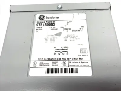 USED ABB, GENERAL ELECTRIC TRANSFORMER 1C,3KVA,480(-2 5%)-120/240,100C,3R,QB
