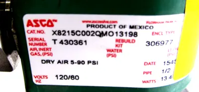 NEW ASCO X8215C002QMO13198 SOLENOID VALVE AC120/50-60D