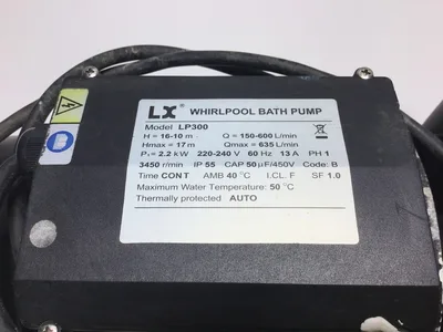 LX LP300 Whirlpool Bath Pump 3450 r/min 13A 60Hz 1PH 1.0SF Max Water Temp 50°C