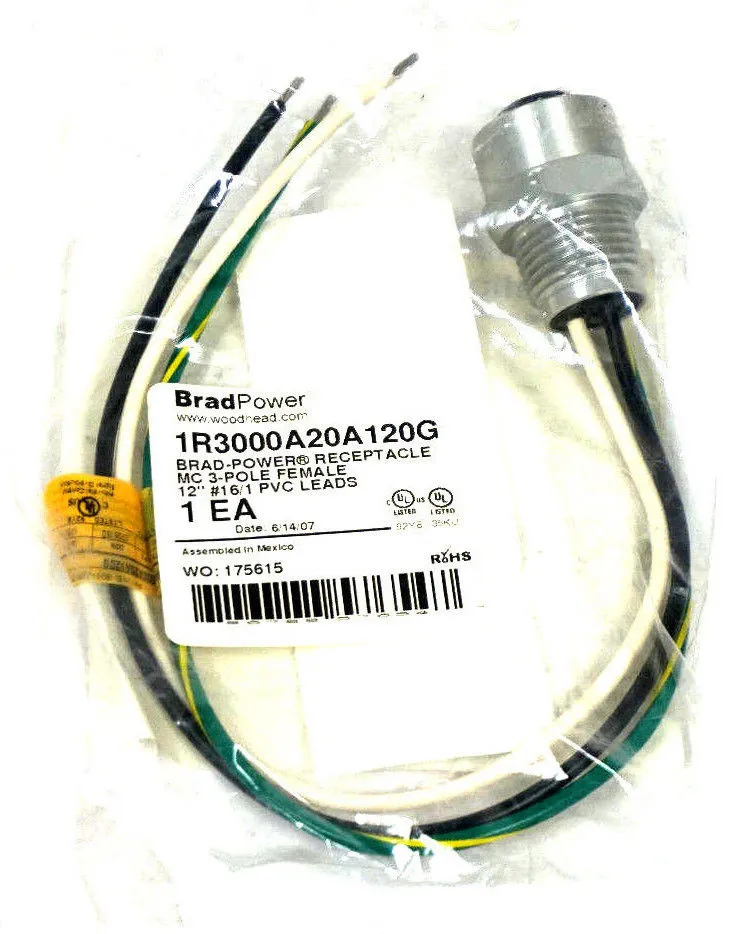 NEW DANIEL WOODHEAD 1R3000A20A120G RECEPTACLE MC 3 POLE FEMALE 12" 16/1 PVC LEAD