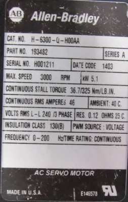 REFURBISHED ALLEN BRADLEY H-6300-Q-H00AA SERVO MOTOR 193482 H6300QH00AA