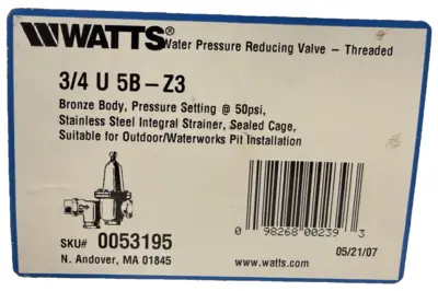 NEW WATTS 3/4" U5B-Z3 WATER PRESSURE REDUCING VALVE 0053195 U5BZ3