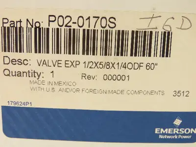 Emerson P02-0170S Expansion Valve 1/2x 5/8x 1/4" ODF