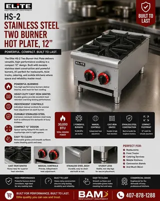 ELITE HS-2 Stainless Steel Two Burner Hot Plate, 12"