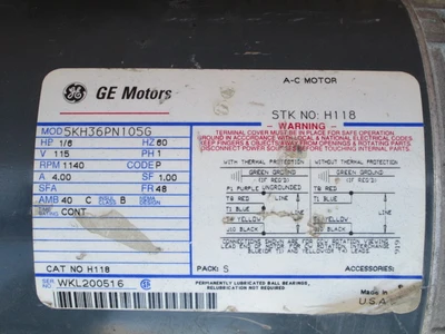 1/6 HP GE Electric Motor, Single Phase, 1140 rpm