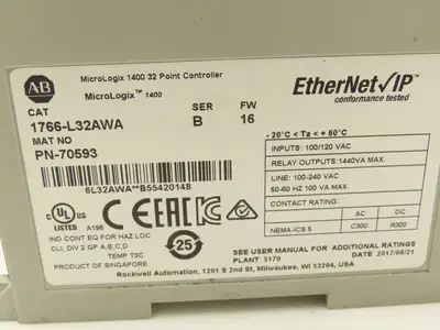 Allen Bradley 1766-L32AWA MicroLogix 1400 Controller Module 32Pt Series B FW 16