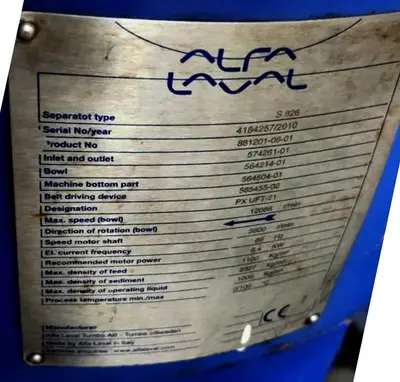 Alfa-Laval S-826 fuel/lube oil purifier, 316SS.