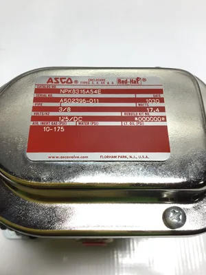 Asco NPK8316A54E Red Hat Solenoid Valve 3/8″ NPT 125VDC 10-175 PSI 17.4Watts