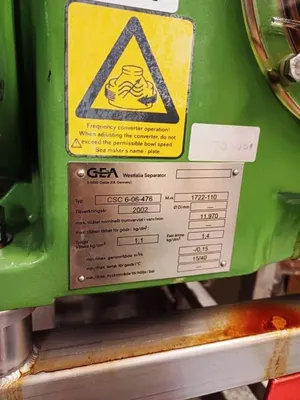 Westfalia CSC 6-06-476 hydro-hermetic clarifier skid, 316L SS.