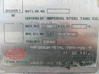 100 gallon Reactor Body,  316 Stainless Steel, 100 PSI Jacket