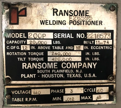 USED 1974 RANSOME WELDING POSITIONERS 200P