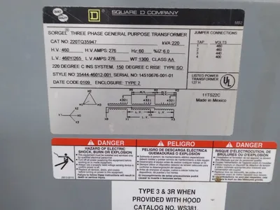 Square D 220 KVA Dry Type Transformer 460 Delta 460Y/265 220TQ35947 TESTED