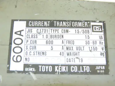Toyo Keiki CBM-15/50B Current Transformer 600A 5A Class 1.0 JIS C1731 15VA