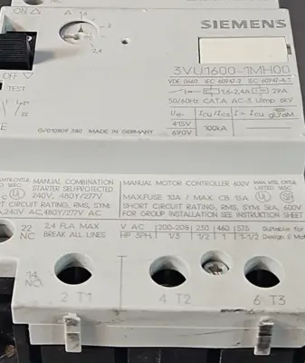 Siemens 3VU1600-1MH00 Manual Motor Stater 600VAC 3-Phase 29A loc4B12