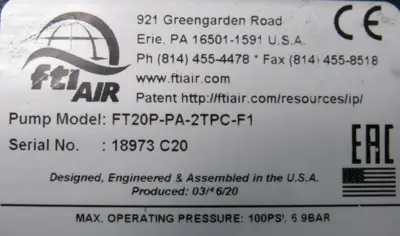 NEW FTI AIR FT20P-PA-2TPC-F1 DOUBLE DIAPHRAGM PUMP FT20PPA2TPCF1