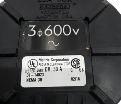 NEW MELTRIC 31-14023 RECEPTACLE 30A 600V 3-PHASE NEMA 3R DR30 3114023