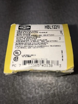 ** NEW HUBBELL HBL1221l WALL SWITCH SINGLE  2 POLE  IVORY  20A 120-277V AC#