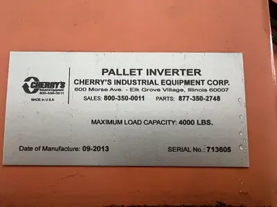 CHERRY INDUSTRIAL HYDRAULIC PALLET CLAMP &  INVERTER ROLLOVER MACHINE: STOCK #20092