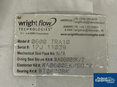 USED Wrightflow Technologies Wright Stainless Steel Lobe Pump Wash Down Duty, Model 0600 TRA10,