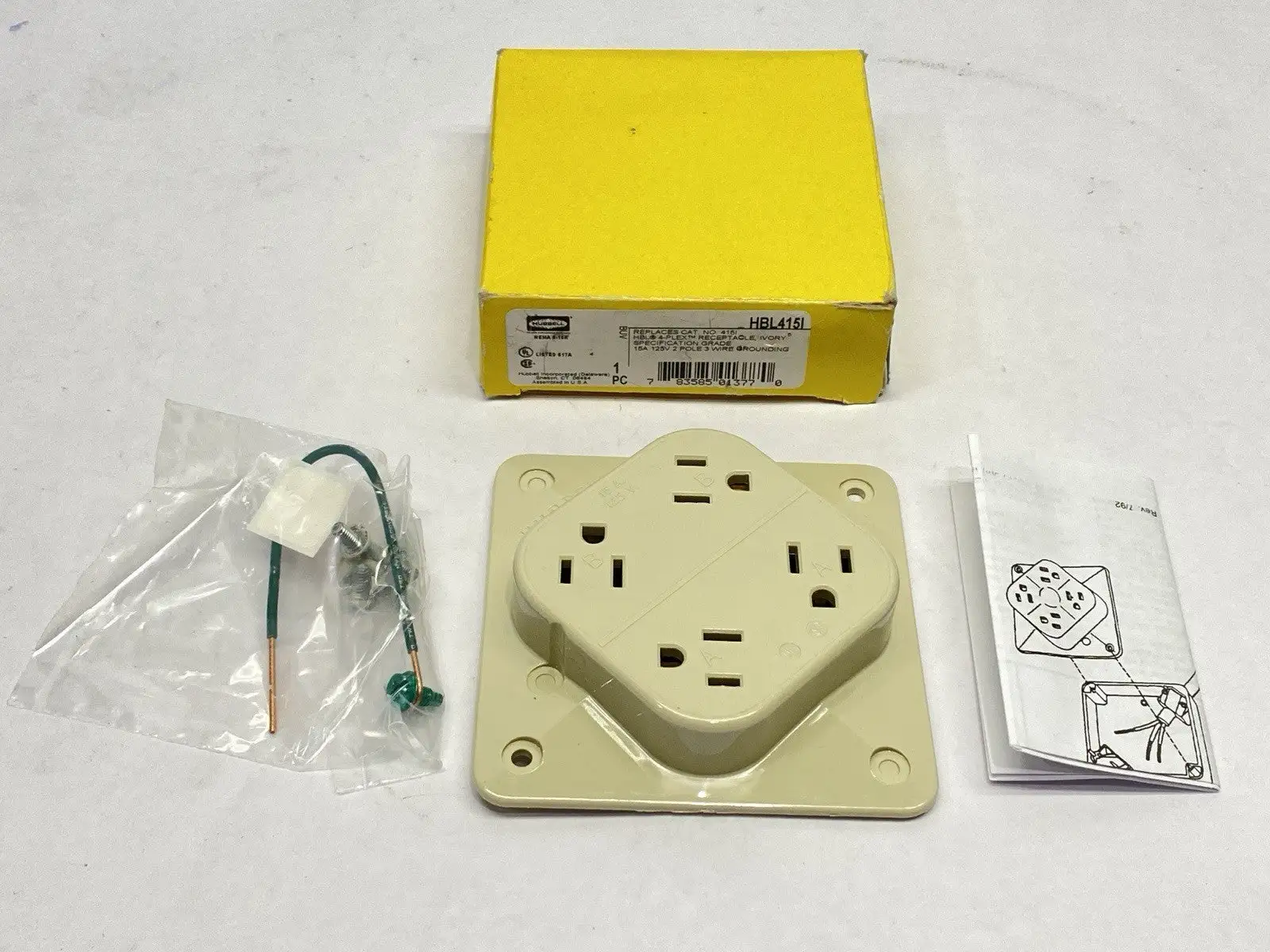 USED HUBBELL HBL 4-PLEX RECEPTACLE IVORY 2-POLE 15A 125V