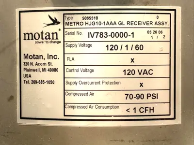 USED MOTAN METRO VACUUM RECEIVER ASSEMBLY 120V 70-90 PSI
