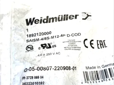 SAISM-4/8S-M12-4P D-COD,SAISM-4/8S-M12-4P,1892120000 | Weidmuller 1892120000 Field Wireable Connector M12 4-Pin SAISM-4/8S-M12-4P D-COD - New