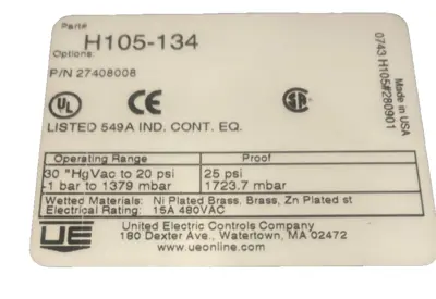 NEW UNITED ELECTRIC H105-134 PRESSURE CONTROL H105134